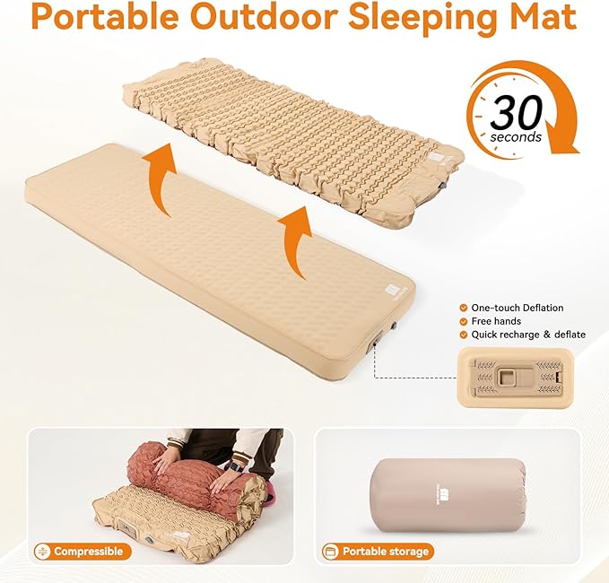 Self Inflating Sleeping Pad with Electric Pump 4 Ultra-Thick Memory Foam Single Sleeping Mats Easy Inflate&amp Deflate 9.5 R-Value Insulated Camping Mattress Pad for Camping Travel (Khaki)
