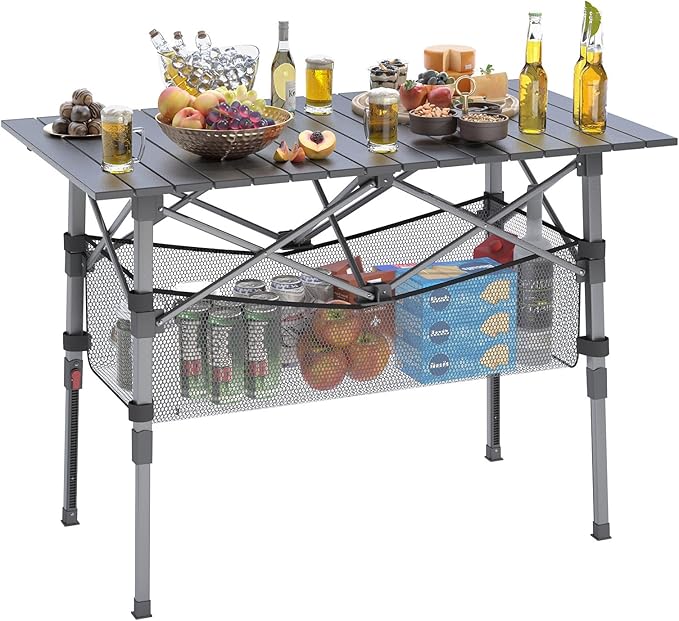 Portable Camping Table with Adjustable Height Legs Lightweight Aluminum Roll-up beach tables for sand foldableFolding Picnic Table Large Storage Basket for Outdoor camping (Black Medium 37)