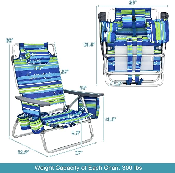 GYMAX Beach Chairs Backpack Camping Chair with Armrest Cooler Bag Cup Holder Towel Bar &amp Side Pockets Sunbath Sling Tanning Lounge Folding Layout Chair (Without Table Blue Stripe)