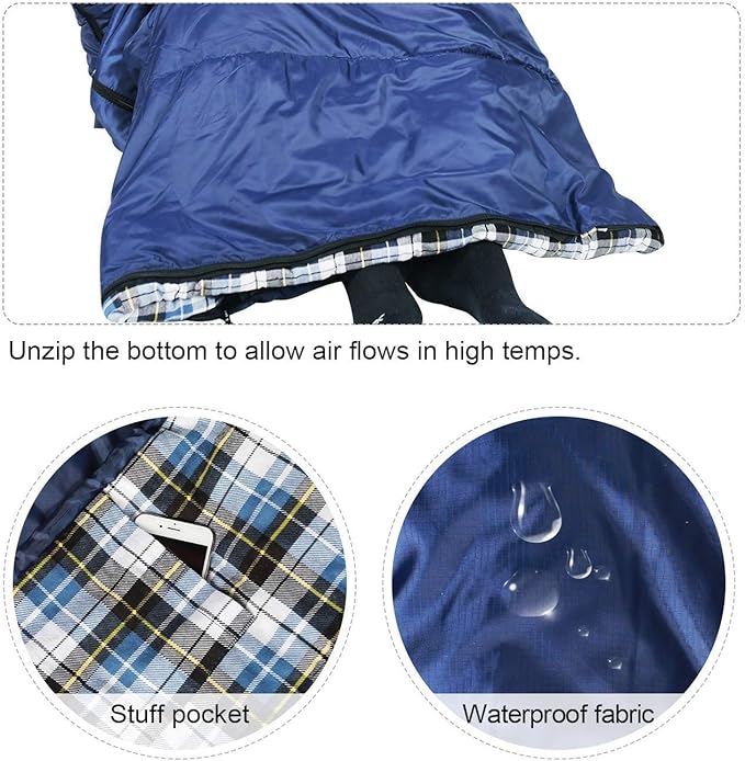 REDCAMP Flannel Sleeping Bag for Adults Comfortable Cotton Sleeping Bags for Camping with Detachable Hood Red/Grey/Blue/Black