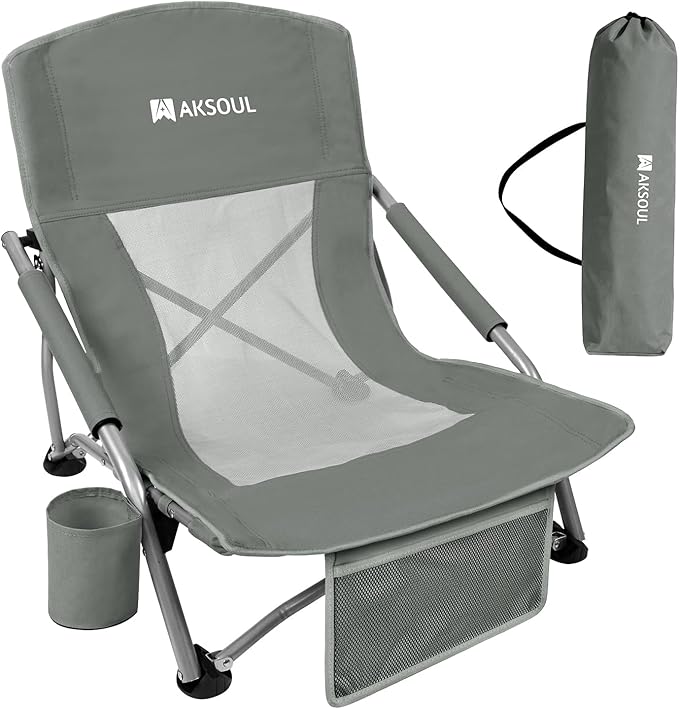 AKSOUL Folding Beach Chair for Adults: Low/High Back Chairs with Carry Bag - Extra Wide Seat Chair with Comfortable Pillow &amp Storage Pocket (1 Pack &amp 2 Pack Blue)