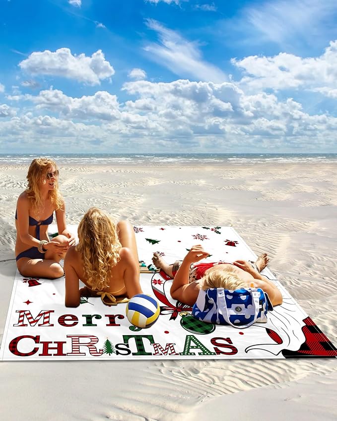 Beach Blanket Waterproof Sandproof Christmas Gnome Winter Snowflakes Quick Drying Beach Mat with 4 Stakes Holly Berries Bell White Back Lightweight Picnic Blanket for Travel Camping Outdoor 83x79