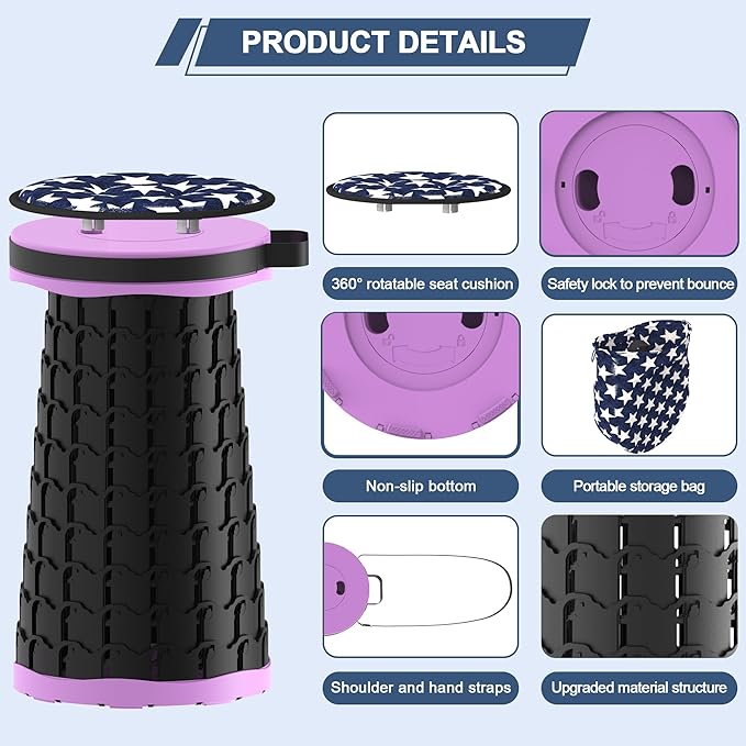 ALEVMOOM 2026 Upgraded 18.1 Collapsible Stool with Cushion &amp Carry Bag 600lbs Max Weight Portable Telescoping Stool More Sturdy Lightweight Retractable Seat Folding Chair for Camping &amp Outd