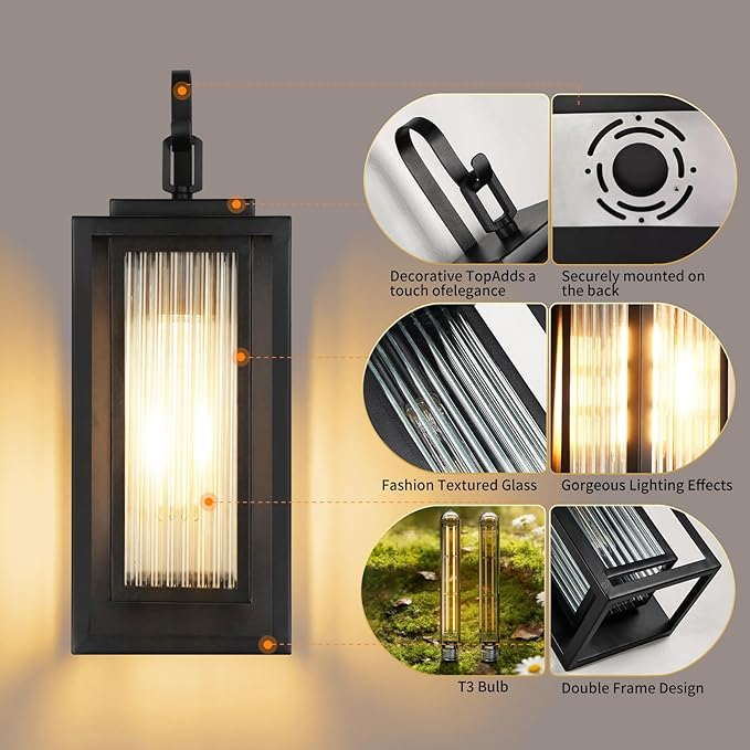 2 Pack Outdoor Wall Lights for House Exterior 18 Inch Large Black Modern Lantern with Dual Metal Frame &amp Textured Glass IP65 Waterproof (Bulbs Included)