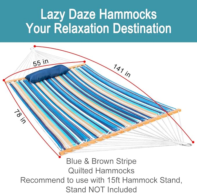 Lazy Daze Hammocks 12 FT Quilted Fabric Double Hammock with Spreader Bars and Detachable Pillow 450lbs Weight Capacity