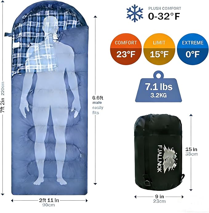 100% Cotton Flannel Sleeping Bag for Adults Big&ampTall Size Backpacking Lightweight Waterproof for Girls Boys Mens Teen for Camping Hiking Outdoor Travel with Compression Bags