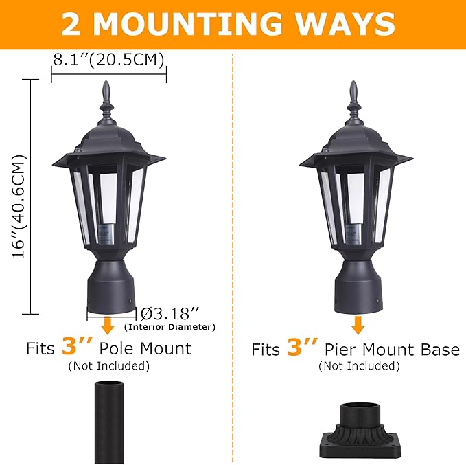 LIT-PaTH 16 Inch Outdoor Lamp Post Light Fixture Exterior Pole Lantern with Clear Glass Hardwired Aluminum Post Lighting for Driveway Garden Yard Matte Black 2-Pack