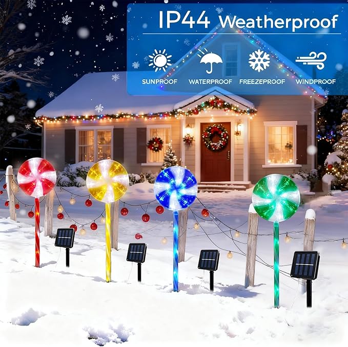 4PCS Lollipop Peppermint Solar Candy Cane Lights Outdoor - Christmas Solar Pathway Lights Christmas Lollipop Decorations 8 Modes Candy Cane Pathway Light for Outside Yard Walkway