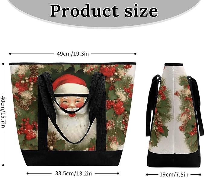 Insulated Shopping BagLarge Reusable Cooler Bags Christmas Holiday Santa Claus Wreath Printed Foldable Shopping BagTravel Waterproof Shoulder Bag