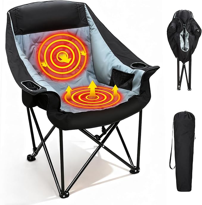 CypherX Oversized Heated Camping Chair 3 Heat Levels Folding Camping Chairs for Adults Heavy Duty Padded Lawn Chair for Outdoor Sports Lawn Fishing Garden Portablen (No Battery)