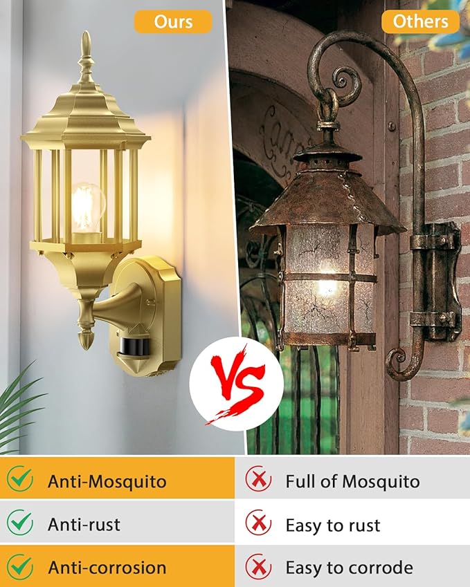 Redluck Motion Sensor Outdoor Lights 2 Pack 16 inch Dusk to Dawn Outside Porch Lights Waterproof Anti-Rust Aluminum Outdoor Wall Lights Exterior Lighting Fixtures for House Garage Front Door Gold
