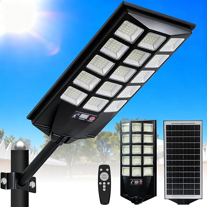 Jercoda Solar Lights Outdoor Waterproof 50000LM 6500K Dusk to Dawn Solar Powered Street Light Motion Sensor with Remote LED Security Flood Light for Outside Garden Yard Parking Lot Pathway 1PACK