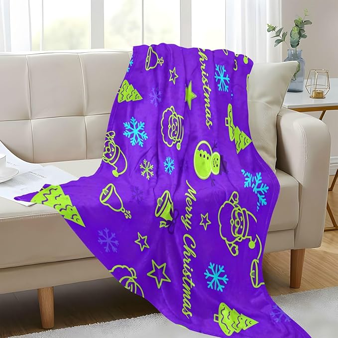 Christmas Snowman and Santa Green and Purple Lightweight Fuzzy Comfy Throw Blanket for Bed Throw Blankey for Couch Sofa BedParty 50 x 70