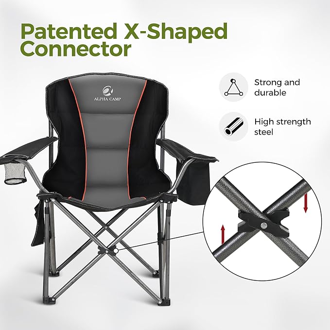 ALPHA CAMP Oversized Camping Chair Heavy Duty Lawn Chair with Cooler Bag (Black)