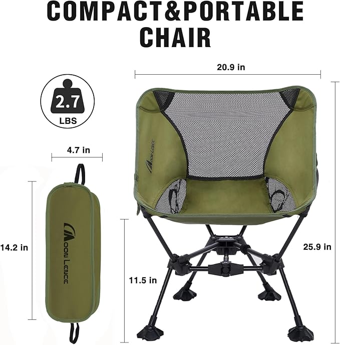 MOON LENCE Portable Camping ChairLightweight Backpacking Hiking ChairsCompactFoldablewith Anti-Sinking Large Feet for Beach330 lbs Capacity (Green Standard)