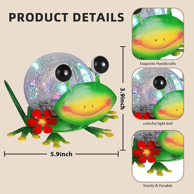 Solar Lights Outdoor Frog Garden Decor with Crackle Glass Globe Lights - Cute Metal Frog Decor for Yard Lawn Patio Porch Pathway Tabletop Housewarming Gifts for Mom Women