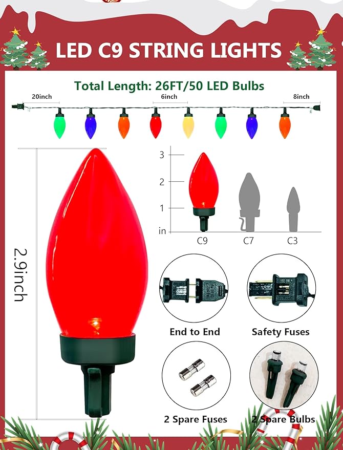 C9 Christmas String Lights Outdoor 26FT 50 LED Vintage Multicolor Fairy Lights Plug in UL Listed Waterproof Connectable Christmas Tree Lights for Home Roofline Garden Patio Decor Green Wire