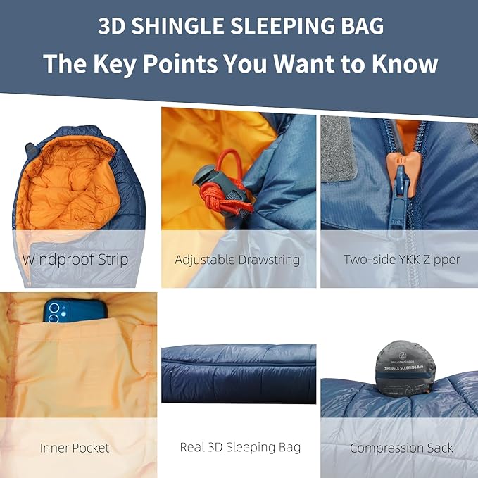 Mountainlodge 3-4 Seasons Shingle Sleeping Bag 15℉ with Inner Pocket for AdultPerfect for BackpackingTraveling and HikingIncluding Free Compression Stuff Sack.