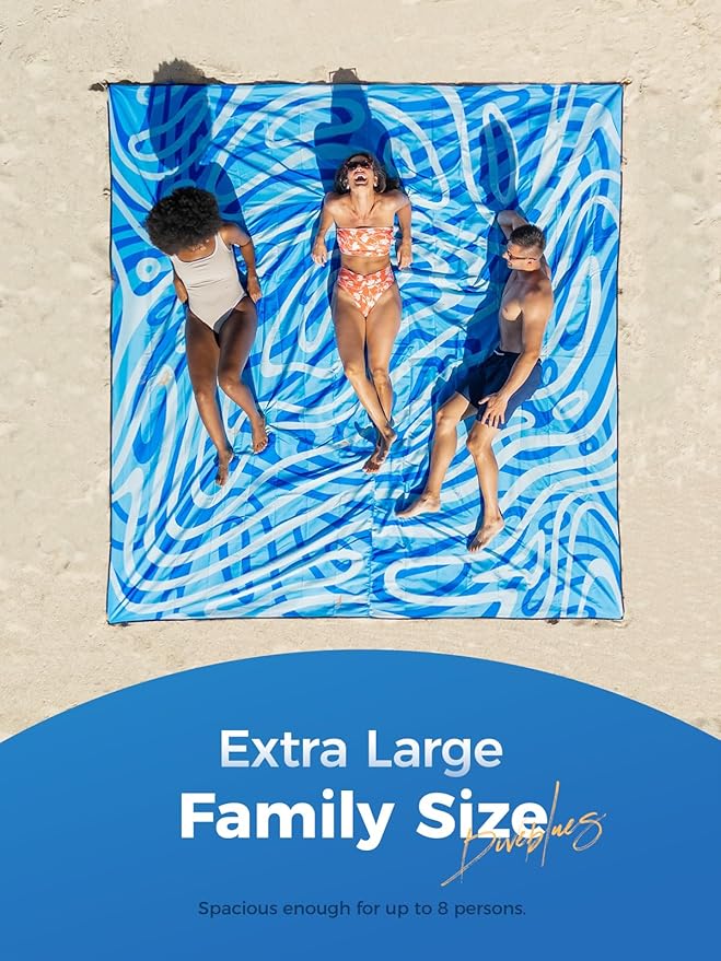 Diveblues Beach Blanket Oversized Extra Large 110 * 118/ 9 * 10 FtBeach Mat Waterproof SandproofSoft and Durable Picnic Mat for Travel Camping Beach Vacation4 Stakes &amp 1 Travel Bag