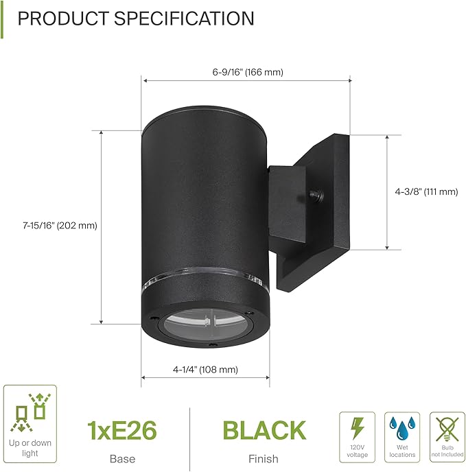 ASD 1 Light Outdoor Wall Light Fixture | 60W E26 Bulb Socket 120V ETL Cylinder Up Down Lights | LED/CFL/Incandescent Bulb Exterior Wall Sconce | Front Door Porch Patio Lighting | Ringed Black 2 Pack