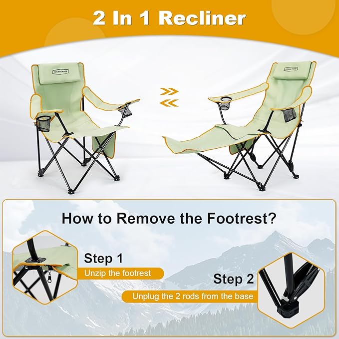 YOUNG WOOD Camping Lounge Chair Portable Reclining Camping Chair with Foot Rest Folding Camping Chair for Adults Headrest &amp Storage Bag Mesh Recliner with Backpack 330lbs Weight CapacityGree