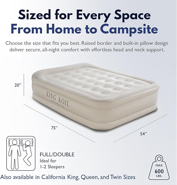 King Koil Luxury Air Mattress 20in Full Size Beige with Built-in Pump for Home Camping &amp Guests-Inflatable Airbed Luxury Double High Adjustable Blow Up Mattress Durable - Portable and Waterproof