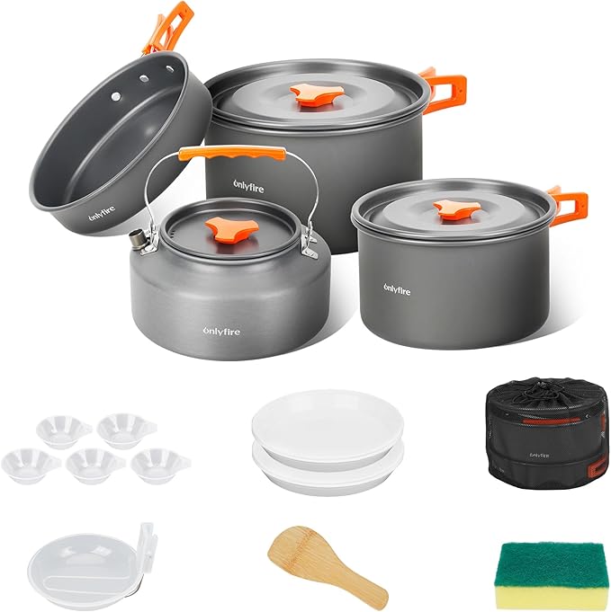 ONLYFIRE OUTDOOR LIVING14pcs Camping Cookware Set Lightweight Nonstick Pots Pan Kettle Utensils Bowls and Cleaning Tool with Mesh Bag for Camping Hiking Backpacking RV Tailgating Cooking CT604