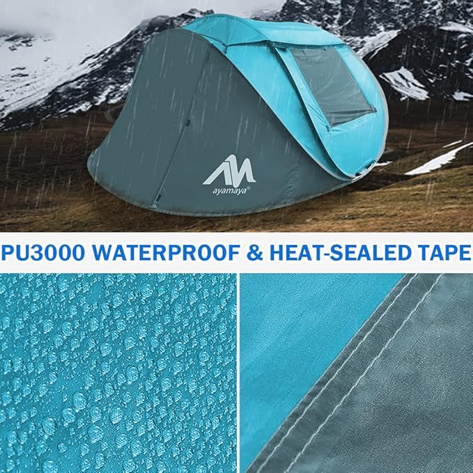 4 Person Pop Up Tents for Camping - AYAMAYA Waterproof Instant Family Tents with Skylight &amp Removable Rainfly Upgraded Large Size with 2 Doors -Automatic Easy Setup Beach Tent with Poles