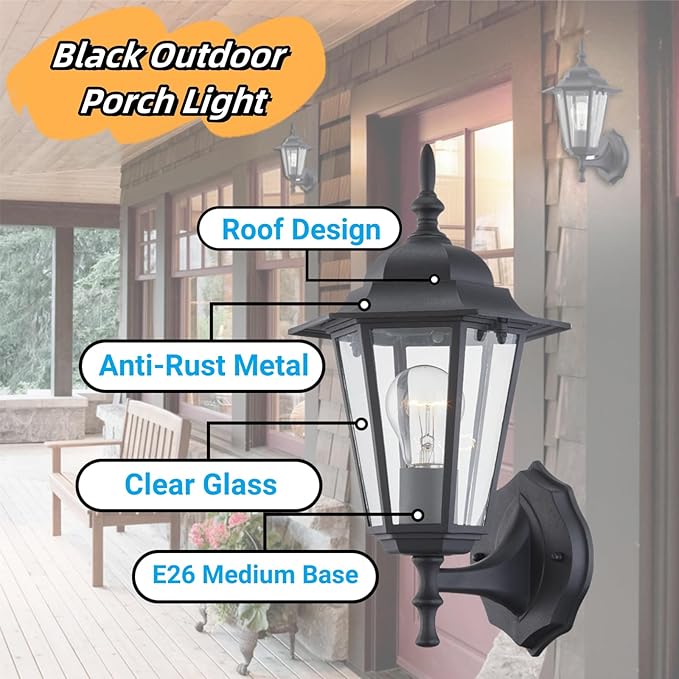 WISBEAM 2 Pack Outdoor Wall Light Black Wall Sconce for House Porch Lighting Fixture E26 Base 60W Max Metal Housing Plus Glass Wet Location Rated ETL Qualified Bulbs not Included