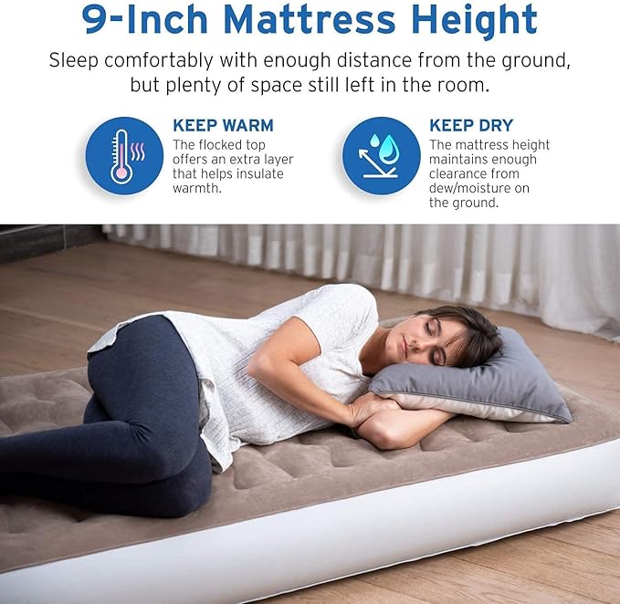 Etekcity Air Mattress Upgraded Twin Size Camping Air Bed Blow Up Bed Inflatable Mattress Raised Airbed with Rechargeable Pump for Guest Camping Hiking Height 9 Storage Bag Brown