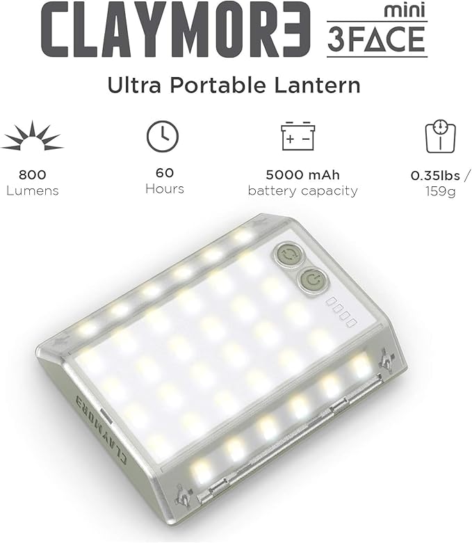 CLAYMORE 3Face Mini (Moss Green) - Lightweight and Portable LED Area Light for Outdoors Camping Tent Emergency and Industrial Use. Rechargeable Lantern with USB-C Up to 60 Hours Battery Life.