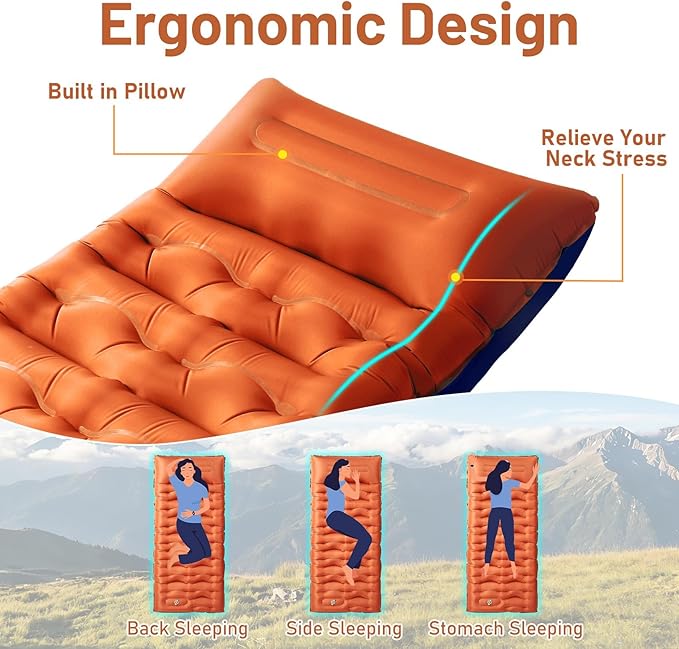 KASBAH Camping Sleeping PadExtra Wide 6 inch Thick Inflatable Sleeping Pads with Built-in Foot Pump and PillowUltralight Camping Mat Gear for Outdoor HikingCamping