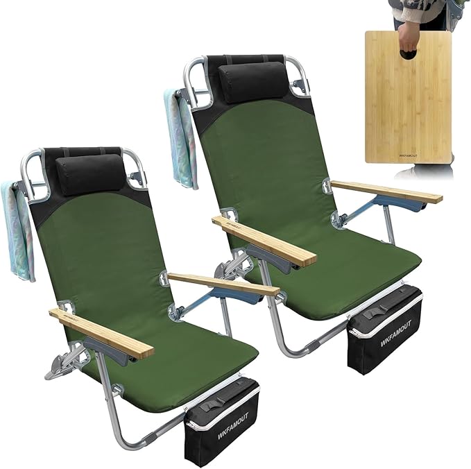 2 Pack Low Backpack Beach Chair with Folding Bamboo Table for Adults 5-Position Lay Flat Reclining Chair Lightweight with Cooler Bag Supports 265 lbs