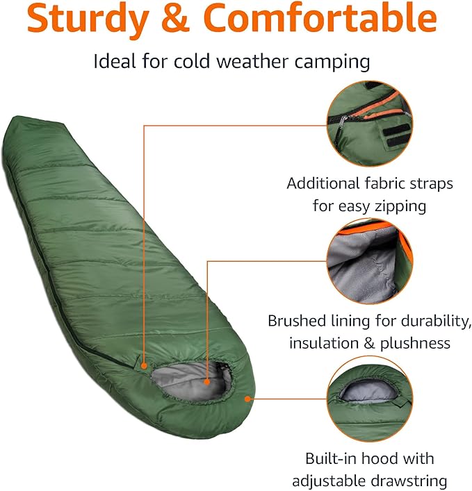 Amazon Basics 20°F Cold Weather Mummy Sleeping Bag for Hiking Outdoor Camping with No-Snag Zipper Portable 82 x 33 Olive Green