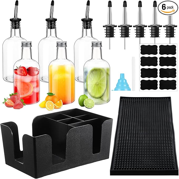 6 Sets 16 oz Plastic Long Neck Bottles with Pourers Caps Mats for Bartending Plastic Bar Caddy Organizer for Bar Supplies Liquor Juice Store Syrup Bottles Pourers
