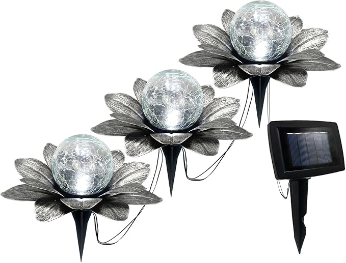 LEWIS&ampWAYNE Solar Garden Lights Outdoor 3 Pcs Silver Gray Lotus Flower Pathway Lamps with Cool White Crackle Glass Globe Led Lights for Patio Pathway Yard Balcony Garden Decorations