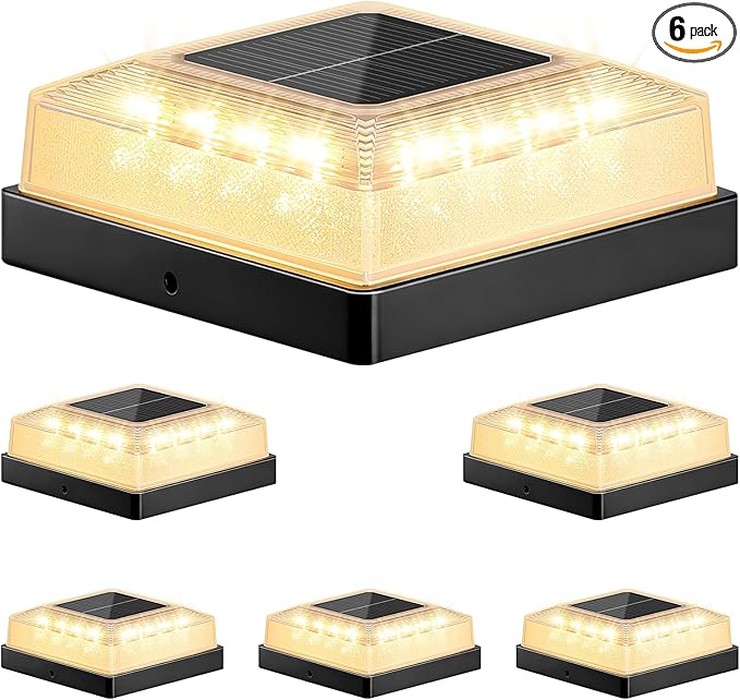 Brightever Solar Post Cap Lights Outdoor 6-Pack Solar Fence Post Lights with 3 Lighting Modes Fits 4x4 Vinyl/Wood Posts Black Solar Powered Waterproof Deck Post Lights for Garden Patio Porch
