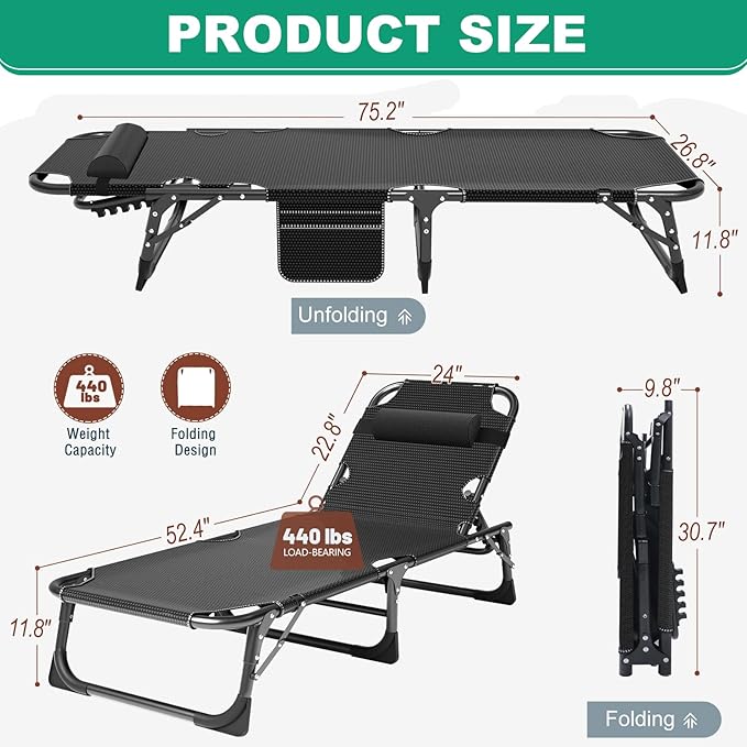 Camping Cot Adjustable 4-Position Adults Reclining Folding Chaise with Pillow Outdoor Portable Lounge Chair Sleeping Cots Bed Perfect for Camping Pool Beach Patio