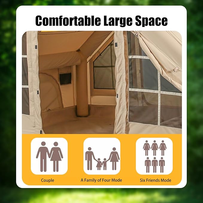 Inflatable Camping Tents with Hand Pump Air Glamping Tents Easy Setup Waterproof and Windproof Blow up Tent 4 Seasons Oxford Cabin Tent with Mesh &amp Chimney Window.