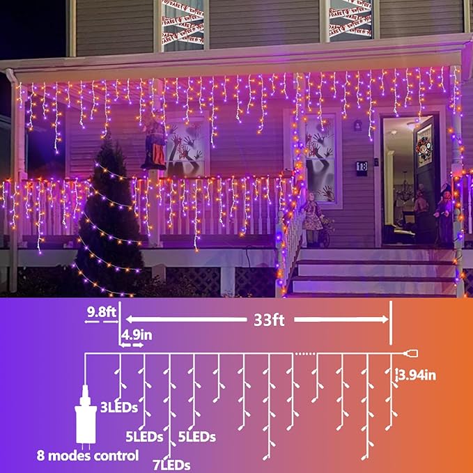 QITONG Orange and Purple Icicle Lights for Outside 33ft 400 LED String Light Indoor Plug in 8 Modes Connectable Halloween Icicle Lights Clear Wire