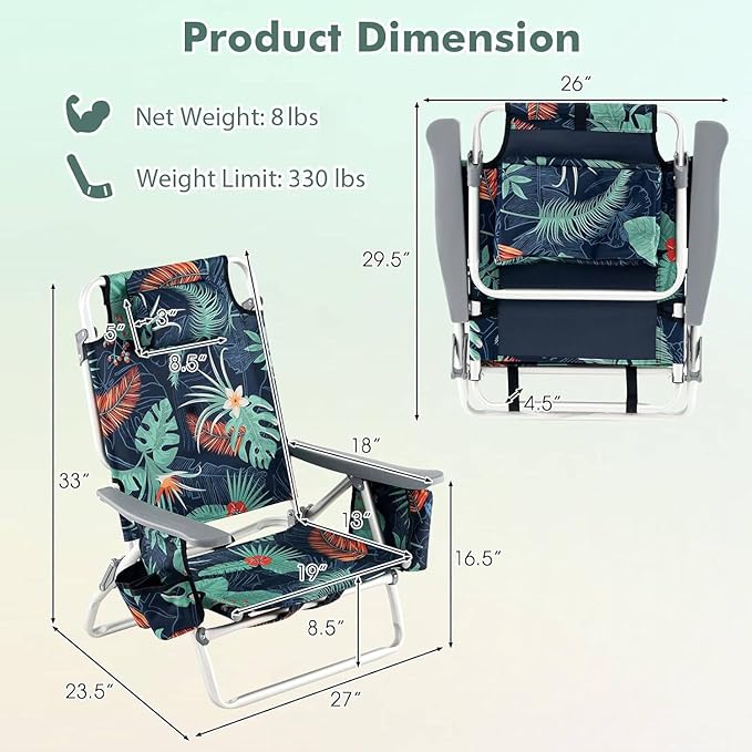 Tangkula Set of 4 Backpack Beach Chair 5-Position Lay Flat Beach Chairs with Cooler Bag 2 Cup Holders Towel Bar Lightweight Low Folding Beach Chair with Backpack Straps