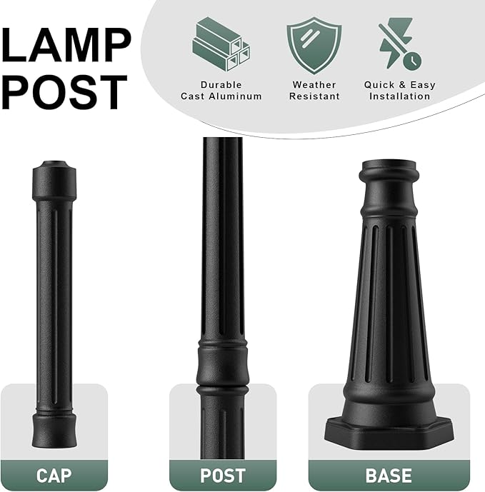 76 Vintage Design Cast Aluminum Lamp Post with Crossbars Matte Black Powder Coated Outdoor Lighting Pole for Porch/Yard/Garden Walkway