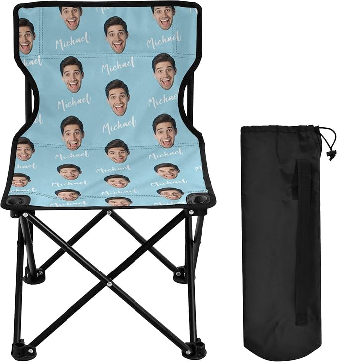 Sinestour Pale Blue Custom Photo Folding Camping Chair for Teen Child Personalized Name 14.6×14.6in Portable Outdoor Chair with Carry Bag for Beach Picnic Barbeques