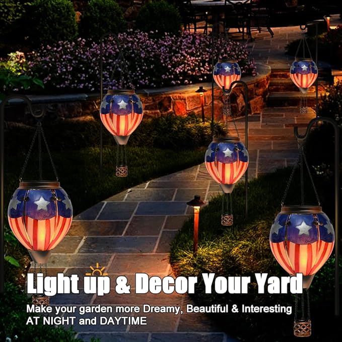 Hot Air Balloon Solar Lantern - U.S Flag Patriotic Glass Lantern Simulated Flickering &amp Dancing Flame Outdoor Hanging Yard Light Waterproof IP65 Ideal 4th of July Gift for Patriot Patio Decor