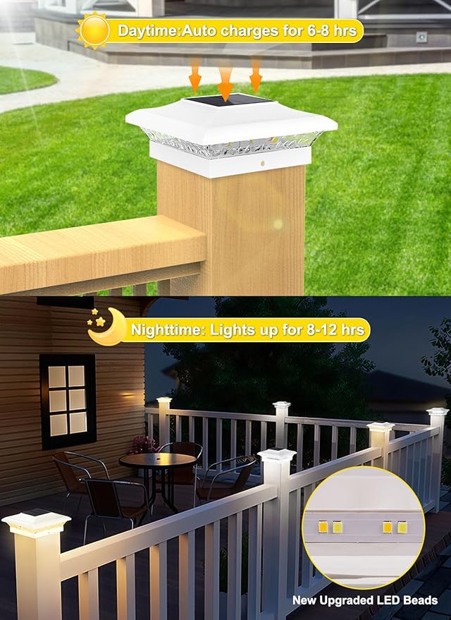 T-SUN 4x4 Post Cap Lights 12 Pack for Vinyl/Wooden Fence Auto Dusk to Dawn Outdoor Waterproof Warm &amp Cool White Solar Powered Deck/Patio Lighting
