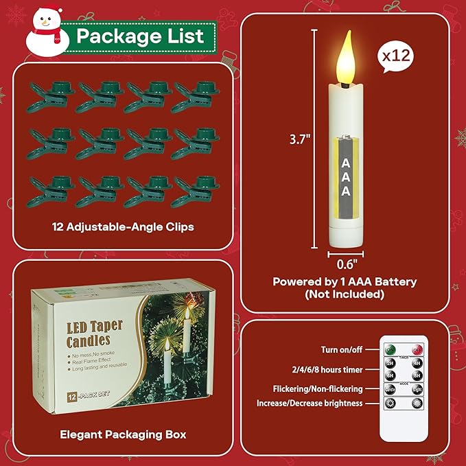 Pack of 12 Flameless Taper Clip on Candles with 12 Clips Remote and Timer Function LED Flickering Battery Operated Fake Short Ivory 0.6 x3.7 Plastic Warm Light for Festival Tree Decor