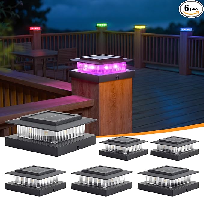 APONUO 6 Pack Solar Post Cap Lights Color Changing - 8 Solid Colors &amp Flowing Multicolor IP65 Waterproof for 4x4 Wood/Vinyl Posts Auto On/Off Deck Fence Patio Garden Lighting Black