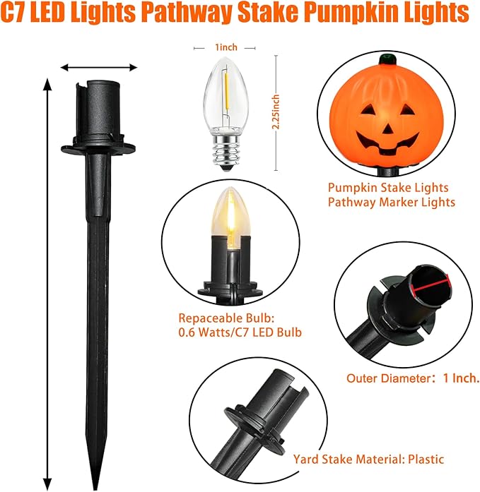 SUNSGNE Halloween Pathway Lights Outdoor Set of 4 Halloween Pumpkin Stake Lights Connectable Jack-O-Lantern Walkway Light for Holiday Garden Party Driveway Lawn Lighting Decor