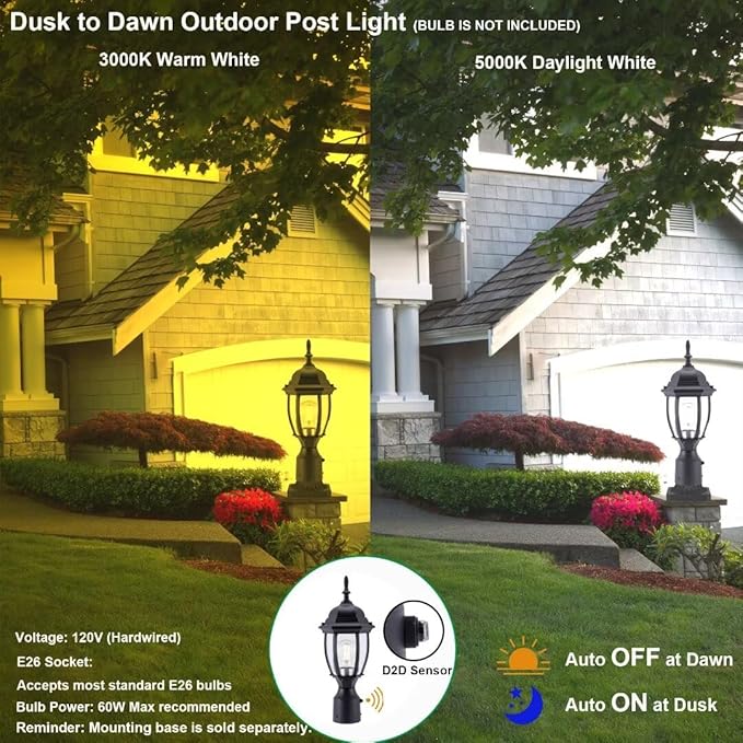 LIT-PaTH Dusk to Dawn Outdoor Post Lighting Fixture Pole Lantern E26 Medium Base Max 60W Aluminum Housing Plus Glass Bulb Not Included (Black 2-Pack)
