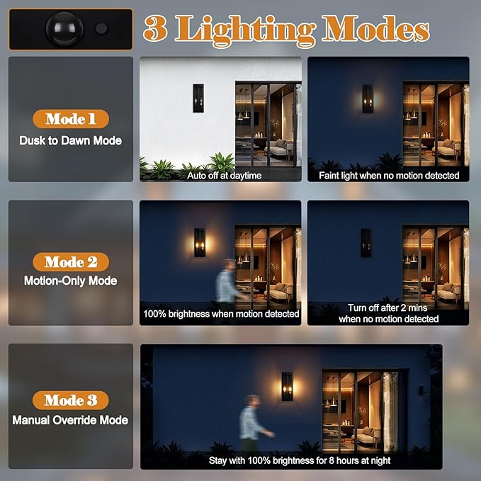 Black Motion Sensor Outdoor Lights 2-Light 16” Modern Dusk to Dawn Sensor Lights for Outside 2 Pack Exterior Wall Mount Porch Lanterns Waterproof Outside House Lamps for Garage Yard E12
